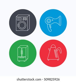 Washing machine, teapot and hair-dryer icons. American style refrigerator linear sign. Linear icons on colored buttons. Flat web symbols. Vector