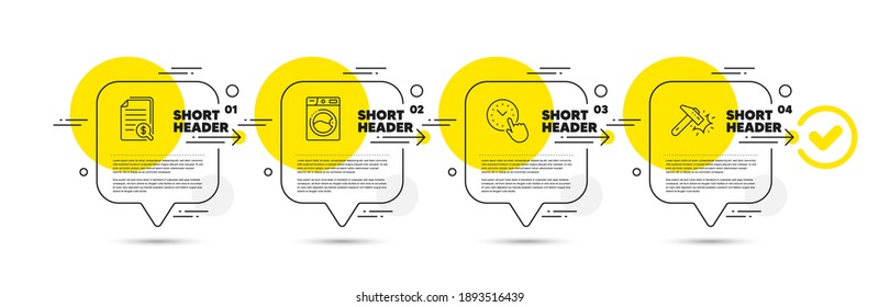 Washing machine, Time management and Financial documents line icons set. Timeline infograph speech bubble. Hammer blow sign. Laundry, Office clock, Check docs. Crash tool. Vector