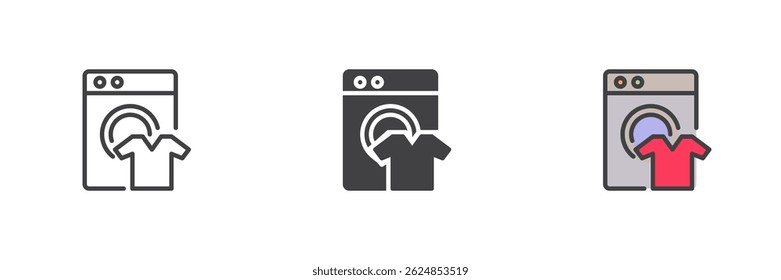 Washing machine with a t-shirt different style icon set. Line, glyph and filled outline colorful version, outline and filled vector sign. Laundry symbol, logo illustration. Vector graphics