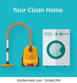 Washing machine and vacuum cleaner. Flat style vector illustration.