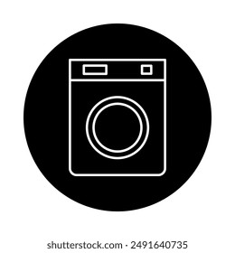 Washing machine vector icon, washing machine flat design white lines on black background.