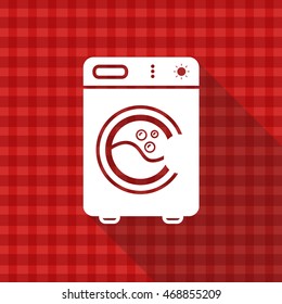 Washing machine vector icon on red tablecloth texture with long shadow design 
