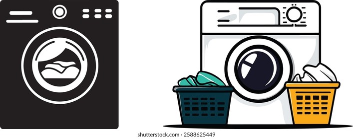 Washing Machine Vector Illustration with Laundry Baskets