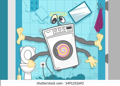 The washing machine vibrates violently, rattles and rumbles, grabs its hands on the walls and toilet bowl to stay in place. Funny cartoon vector illustration.