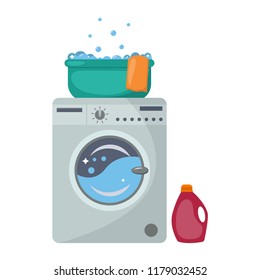 Washing machine with a wash basin and  cleaning stuff. Laundry day. Flat style vector illustration.