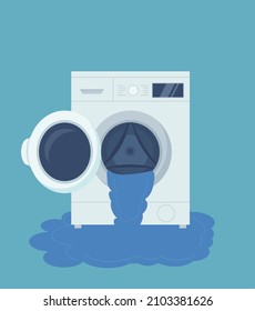 Lavadora de la que fluye el agua. Ilustración vectorial en un estilo plano. EPS 10