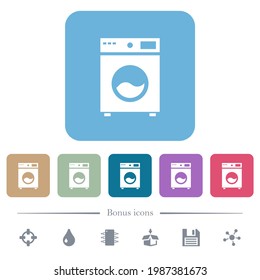 Washing machine white flat icons on color rounded square backgrounds. 6 bonus icons included