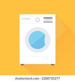 Washing machine, white on yellow background with shadow, flat style vector illustration
