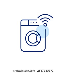 Washing machine and wi-fi symbol. Smart home laundry device. Remote control. Pixel perfect, editable stroke vector icon