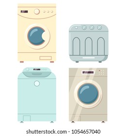 Washing machines with dryer vector cartoon flat icons set isolated on a white background.
