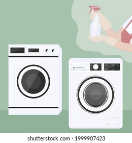 Washing machines. Gloved hands are holding a bottle of cleaning and disinfectant - vector. Housekeeping.