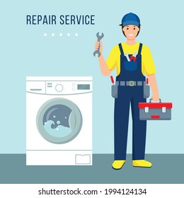 Washing machines repair service. Repair man character in uniform and working washing machine. Friendly smiling repairman. Profession people concept. Vector illustration.