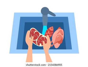 Washing Meat, Pork, Chicken And Fish In Basin Before Cooking Concept Vector Illustration. Housewife Cleaning Raw Meat With A Lot Of Water For Dinner.