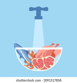 Washing Meat, Pork, Chicken, Prawns And Fish In Basin Before Cooking Concept Vector Illustration. Housewife Cleaning Raw Meat With A Lot Of Water For Dinner.