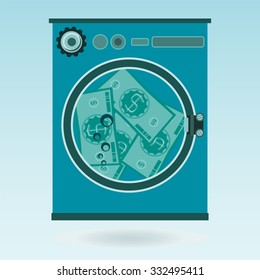 Washing money in a washing machine. The dollars laundering, financial crime