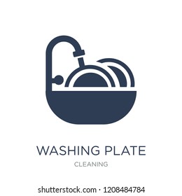 Washing plate icon. Trendy flat vector Washing plate icon on white background from Cleaning collection, vector illustration can be use for web and mobile, eps10