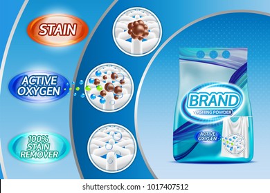 Washing powder ad template vector realistic illustration. Laundry detergent packaging design for your brand.