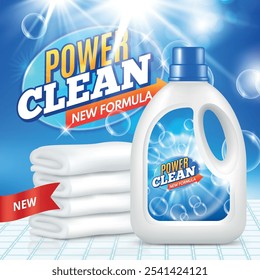 washing powder. bottle with liquid detergent new formula. realistic ads placard design