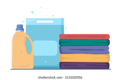 Polvo de lavado, gel para suavizar tela, productos para lavar ropa y pila de ropa limpia. Pila de camisas perfectamente dobladas, camisetas, jeans, pantalones, vestidos. Líquido detergente. Ilustración del vector