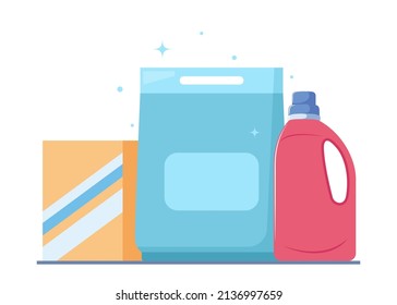 Polvo de lavado, gel de suavizante de tela, productos de lavado de ropa en diversos envases, set. Envase de plástico con líquido detergente. Ilustración del vector