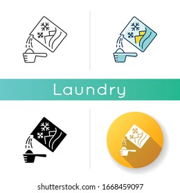 Washing powder icon. Cleaning product cardboard package, laundry detergent, dry linen bleach. Chemical substance, stain remover. Linear black and RGB color styles. Isolated vector illustrations