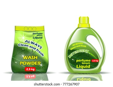 Washing powder. Liquid and powder of green color is flavored with additives