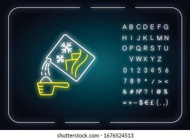 Washing powder neon light icon. Cleaning product package, laundry detergent, dry linen bleach. Outer glowing effect. Sign with alphabet, numbers and symbols. Vector isolated RGB color illustration