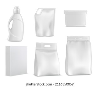 Empaquetado de polvo y bolsas de lavado, maquillaje de detergente para ropa. Frasco vectorial, caja de cartón y caja aislada. 3 quinquies contenedores de productos químicos domésticos en blanco. Conjunto de envases de limpieza de plástico blanco realista