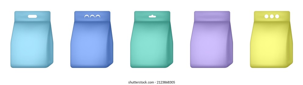 Waschpulver-Packungen und -beutel, Wäschetrockner-Packungsset. Aufklapppouch-Paket. Waschpulver Beutel, Vektorgrafik realistisches Modell auf Set. Blaue, grüne, violette und gelbe Verpackung