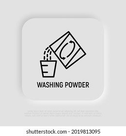 Washing powder thin line icon: laundry powder pour in measuring cup. Modern vector illustration.