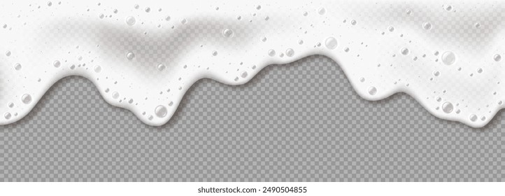 Ilustración vectorial realista del flujo de espuma del producto de lavado. Procedimientos de higiene. Espuma de jabón esponjosa vertiendo objeto 3d sobre fondo transparente