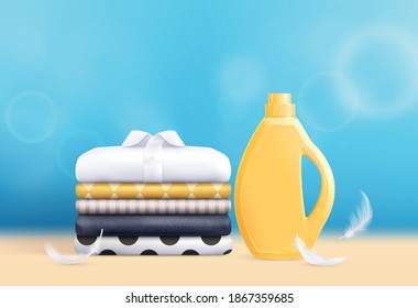 Washing realistic composition with detergent and clean mens shirts ironed and folded in stack 