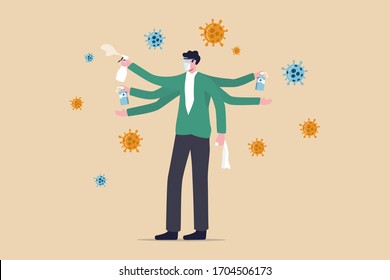 Washing, Sanitise Your Hands And Clean Surface To Protect Coronavirus COVID-19 Infection Concept, Healthy Man With Multiple Hands Using Alcohol Gel To Wash His Hands And Sanitiser To Clean Surface.