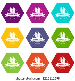 Washing service icons 9 set coloful isolated on white for web