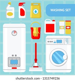 Washing Set Concept Flat Vector Illustration. Boiler, Washing Machine, Detergents, Bucket, Gloves, Mop. Bathroom Appliance, Cleaning Supply. Household Equipment. Laundry Room Design, Text Space