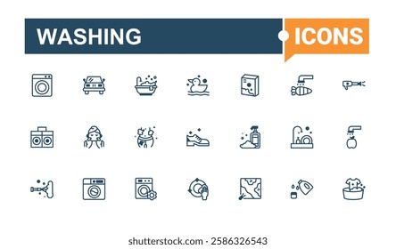 Washing set of modern icons. Contains related to bubble, soap, cleaner, water, equipment, antiseptic and more. Web icons. Editable vector outline and solid icons.