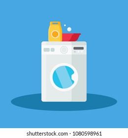 Washing Set vector illustration in modern flat style. Collection of Washing machine, washing powder and plastic basin flat icons isolated on blue background.