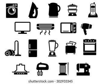 Washing and sewing machines, iron, kettle, steamer, telephone, tv, air conditioner, microwave, hair dryer, vacuum cleaner, fridge, blender, toaster, stove, range hood, mixer, spool and needle icons