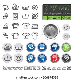 Washing sighs and buttons. Vector icons set of drying, bleaching and ironing instruction.