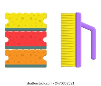 Washing sponge and brush. Kitchenware scouring pads. Kitchen and bath cleaning tool accestories. Vector illustration in flat style