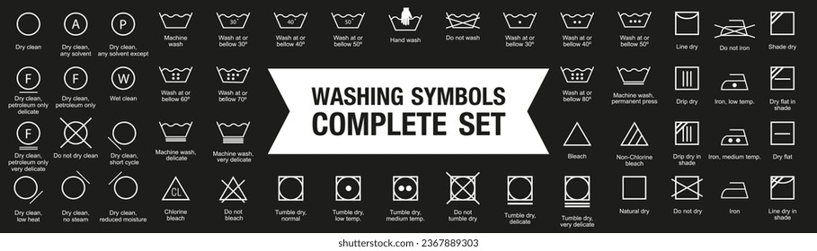 Washing symbol complete collection. Set of black washing icon. Laundry symbol, care label, clothes washing instruction icons