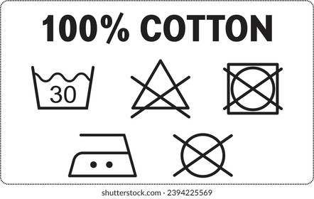 Washing symbols set on clothing label or Vector illustration of fabric composition 100% cotton with care symbols.