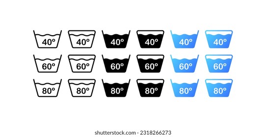 Waschtemperatur. Verschiedene Stile, Farbe, Wassertemperatur, Waschtemperatur. Vektorsymbole.