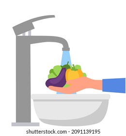 Washing vegetables before cooking concept vector illustration. Housewife cleaning vegetables with a lot of water.