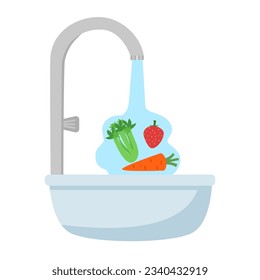 Washing vegetables before cooking concept vector illustration. Cleaning vegetables with a lot of water.