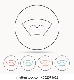 Washing window icon. Windshield cleaning sign. Linear circle icons.
