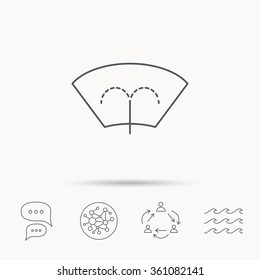 Washing window icon. Windshield cleaning sign. Global connect network, ocean wave and chat dialog icons. Teamwork symbol.