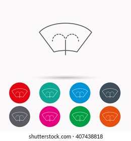 Washing window icon. Windshield cleaning sign. Linear icons in circles on white background.