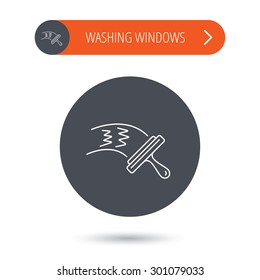 Washing windows icon. Cleaning sign. Gray flat circle button. Orange button with arrow. Vector