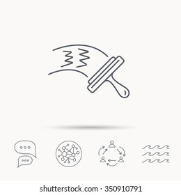 Washing windows icon. Cleaning sign. Global connect network, ocean wave and chat dialog icons. Teamwork symbol.